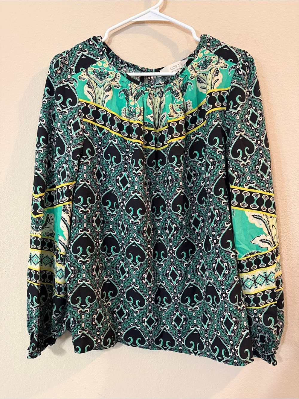 LOFT Teal and Black Paisley-Print Long Sleeve Blouse
